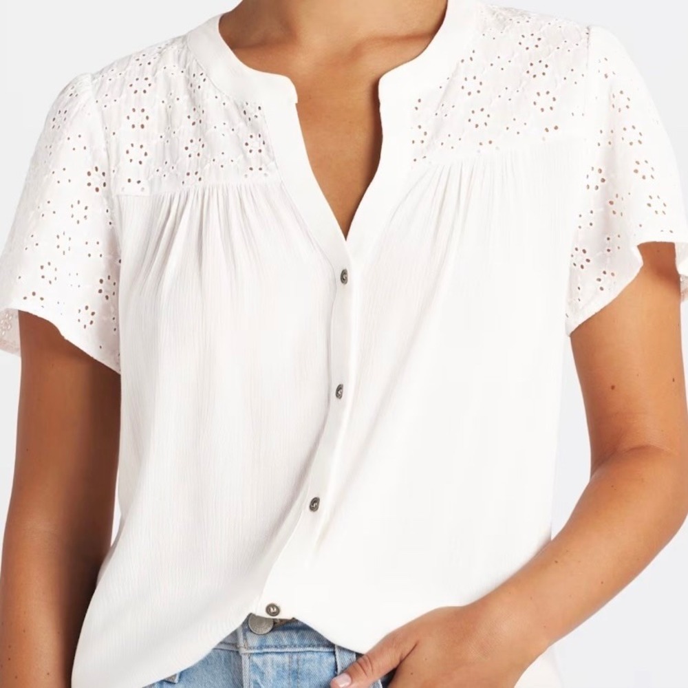 Mason & Belle Thalia Eyelet Lace Detail Button Down Mixed Media Boho Blouse L